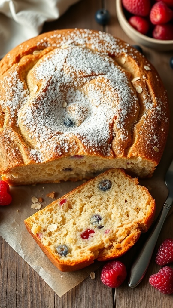A moist oat yogurt cake dusted with powdered sugar, surrounded by fresh berries on a rustic table.